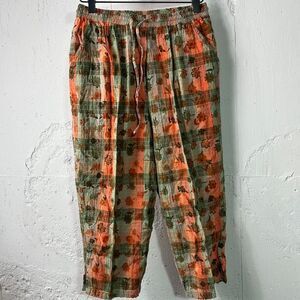 Y2K Plaid Coral and Green Floral Detailed Capri Pants